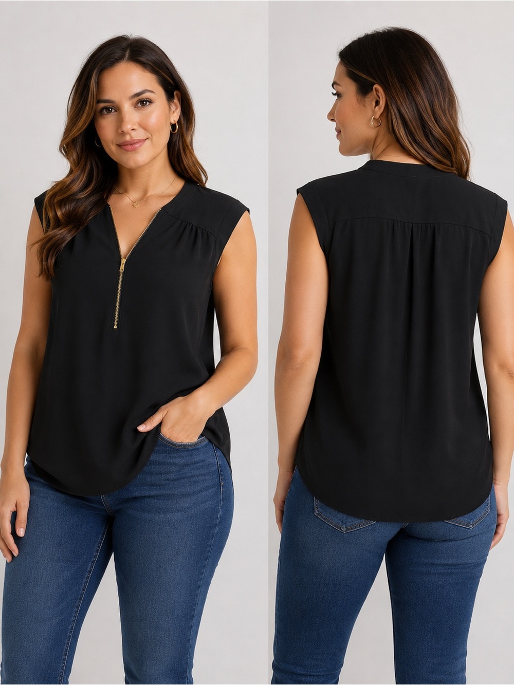 Suzy Shier Black Zip Front Sleeveless Blouse Top Small